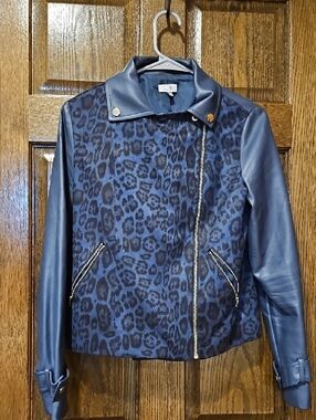 Tobi Navy Faux Leather Moto Jacket with Leopard Paneling